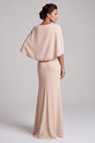 Robe mère de la mariée longue, coupe sirène, champagne, à col rond, avec perles
