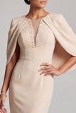 Robe mère de la mariée longue, coupe sirène, champagne, à col rond, avec perles