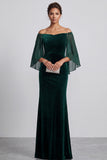 Robe de cérémonie longue vert foncé, coupe sirène, à manches évasées, à épaules dénudées, en velours, avec strass