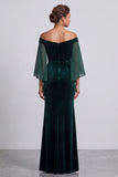 Robe de cérémonie longue vert foncé, coupe sirène, à manches évasées, à épaules dénudées, en velours, avec strass