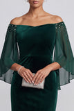 Robe de cérémonie longue vert foncé, coupe sirène, à manches évasées, à épaules dénudées, en velours, avec strass