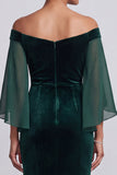 Robe de cérémonie longue vert foncé, coupe sirène, à manches évasées, à épaules dénudées, en velours, avec strass