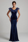 Robe mère de la mariée longue en velours bleu foncé, à col V, avec volants