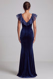 Robe mère de la mariée longue en velours bleu foncé, à col V, avec volants