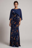 Robe de cérémonie longue en velours, à col bateau, coupe fourreau, bleu foncé, avec cape en mousseline