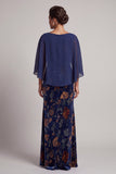 Robe de cérémonie longue en velours, à col bateau, coupe fourreau, bleu foncé, avec cape en mousseline