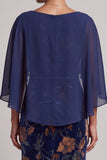 Robe de cérémonie longue en velours, à col bateau, coupe fourreau, bleu foncé, avec cape en mousseline