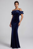 Robe de cérémonie longue en velours, coupe sirène, bleu marine, à épaules dénudées