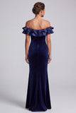 Robe de cérémonie longue en velours, coupe sirène, bleu marine, à épaules dénudées