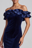 Robe de cérémonie longue en velours, coupe sirène, bleu marine, à épaules dénudées