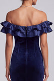 Robe de cérémonie longue en velours, coupe sirène, bleu marine, à épaules dénudées