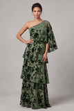 Robe mère de la mariée longue en velours sauge poussiéreuse, ligne A, à une épaule