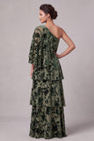Robe mère de la mariée longue en velours sauge poussiéreuse, ligne A, à une épaule
