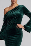 Robe de cérémonie longue en velours vert foncé, coupe sirène, à une épaule, à manches évasées froncées