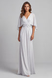 Robe mère de la mariée longue gris clair en mousseline, à col V, avec fronces
