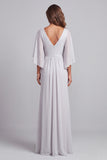 Robe mère de la mariée longue gris clair en mousseline, à col V, avec fronces