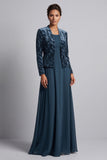 Robe mère de la mariée longue bleu paon, ensemble deux pièces, ligne A, avec veste boléro en velours