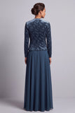 Robe mère de la mariée longue bleu paon, ensemble deux pièces, ligne A, avec veste boléro en velours