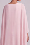 Robe mère de la mariée longue blush en mousseline, ligne A, avec perles