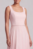 Robe mère de la mariée longue blush en mousseline, ligne A, avec perles