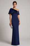 Robe de cérémonie longue en velours, asymétrique, à épaules dénudées, bleu foncé