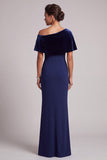 Robe de cérémonie longue en velours, asymétrique, à épaules dénudées, bleu foncé
