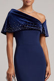 Robe de cérémonie longue en velours, asymétrique, à épaules dénudées, bleu foncé
