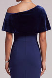 Robe de cérémonie longue en velours, asymétrique, à épaules dénudées, bleu foncé