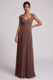 Robe de soirée longue café en mousseline, à col V, avec dentelle
