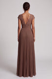 Robe de soirée longue café en mousseline, à col V, avec dentelle