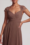Robe de soirée longue café en mousseline, à col V, avec dentelle