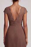 Robe de soirée longue café en mousseline, à col V, avec dentelle