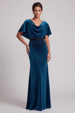 Robe mère de la mariée longue bleu paon en velours, coupe sirène, à manches courtes, avec franges