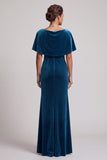 Robe mère de la mariée longue bleu paon en velours, coupe sirène, à manches courtes, avec franges