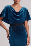 Robe mère de la mariée longue bleu paon en velours, coupe sirène, à manches courtes, avec franges