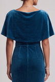 Robe mère de la mariée longue bleu paon en velours, coupe sirène, à manches courtes, avec franges