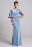 Robe de cérémonie longue bleu clair en velours, coupe sirène, avec cape et fleurs 3D