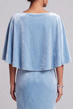 Robe de cérémonie longue bleu clair en velours, coupe sirène, avec cape et fleurs 3D