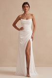 Robe de mariée longue blanche en satin, à motifs larges, sans bretelles, avec fente