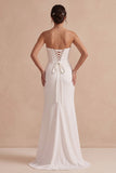 Robe de mariée longue blanche en satin, à motifs larges, sans bretelles, avec fente