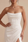 Robe de mariée longue blanche en satin, à motifs larges, sans bretelles, avec fente
