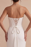 Robe de mariée longue blanche en satin, à motifs larges, sans bretelles, avec fente
