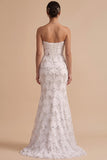 Robe de mariée longue blanche, coupe sirène, sans bretelles, à paillettes