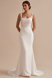 Robe de mariée longue blanche en satin, coupe sirène, avec corset à col carré et perles