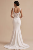 Robe de mariée longue blanche en satin, coupe sirène, avec corset à col carré et perles