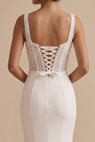 Robe de mariée longue blanche en satin, coupe sirène, avec corset à col carré et perles