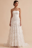 Robe de mariée longue blanche, sans bretelles, à plumes