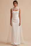 Robe de mariée longue en satin, avec fronces, à col carré, blanche, avec cape