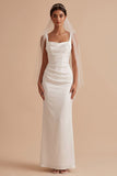 Robe de mariée longue en satin, avec fronces, à col carré, blanche, avec cape
