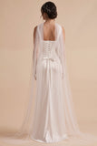 Robe de mariée longue en satin, avec fronces, à col carré, blanche, avec cape